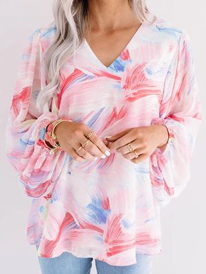 Summer Women Clothing Long Sleeve V neck Printed Chiffon Shirt Top