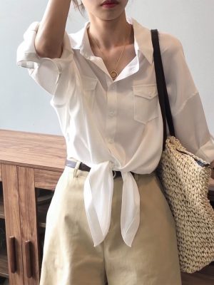 Autumn Retro Hong Kong Loose Lace up Shirt Women Western Top