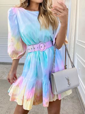 Summer Tie-Dyed Vacation Ruffled Waist Slimming Printed Dress