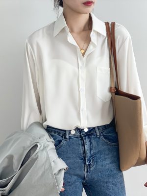 Shirt for Women Spring Korean Chic Solid Color Simple Long Sleeve Collared Shirt for Women