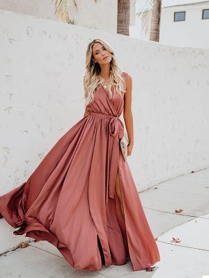 Women Bohemian Solid Color V Sleeveless High Slit Large Swing Patchwork Maxi Dress Dress Maxi