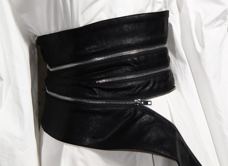 Autumn Dark Tied Leather Zipper Body Sculpting Girdle Puff Sleeve Two Piece Set - Image 3