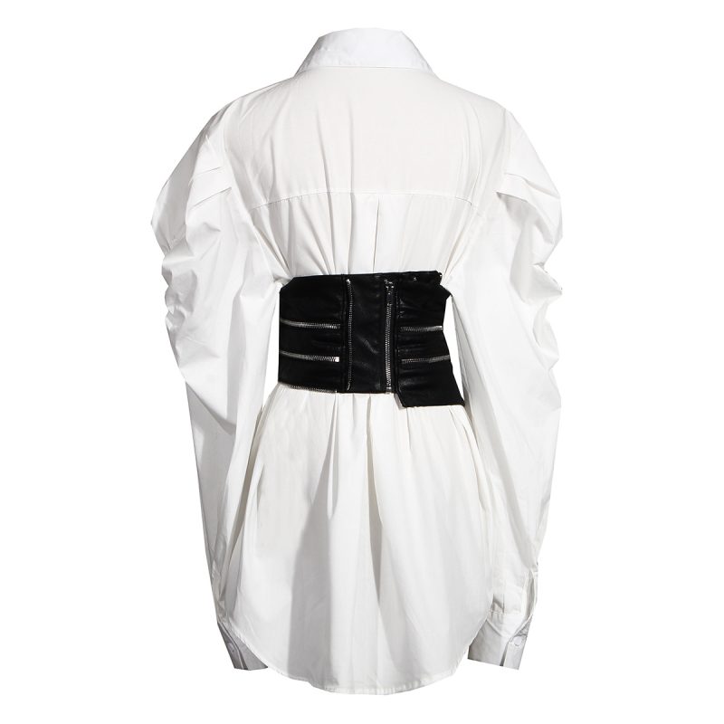 Autumn Dark Tied Leather Zipper Body Sculpting Girdle Puff Sleeve Two Piece Set - Image 2