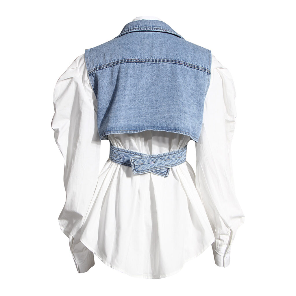 Two Piece Set Short Irregular Asymmetric Denim Vest Puff Sleeve Shirt Loose Set Criss Cross Women - Image 2