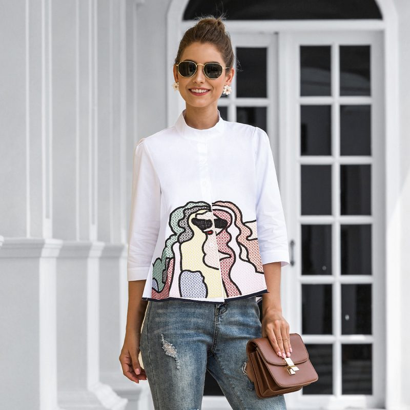 Women Clothing Summer Casual Half Sleeve Little-Girl Clothes Shirt Machine Embroidery Cotton Top Plus size - Image 3