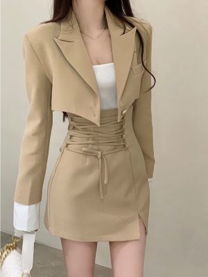 2 Piece Dress Set Women Casual Crop Tops Elegant Jacket Coats + Mini Skirts