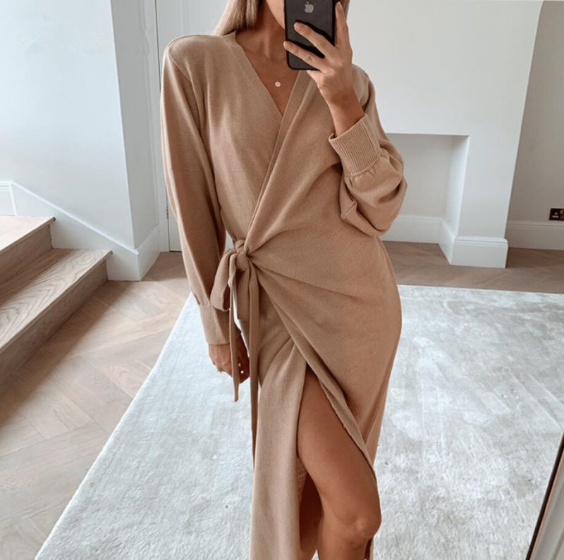 Autumn Winter Elegant Sexy V-neck Solid Color Long Women Knitwear Robe Home Sweater Wrap - Image 5
