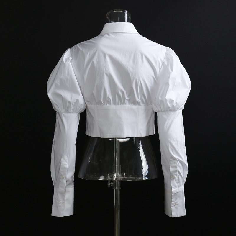 Woven Twisted Wool Stitching Cotton Shirt Puff Sleeves Shirt Shirt - Image 2