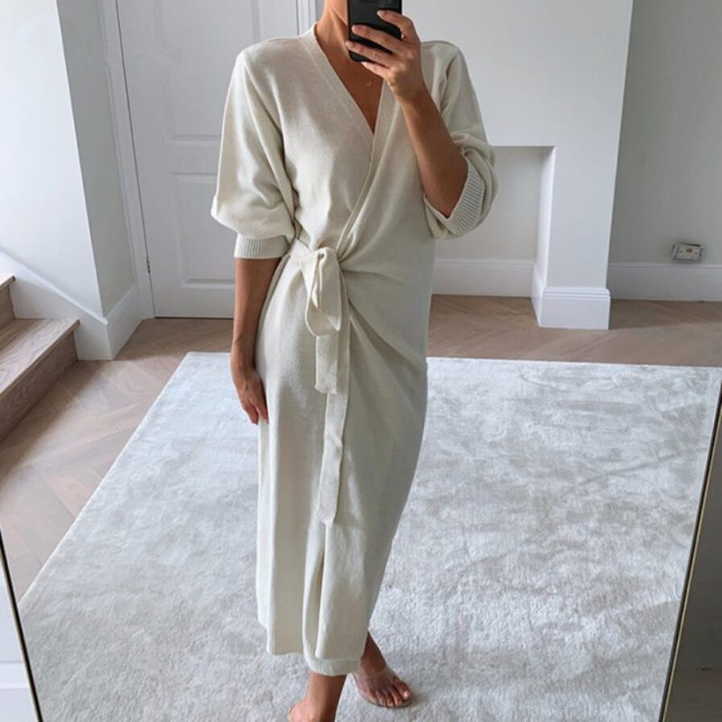 Autumn Winter Elegant Sexy V-neck Solid Color Long Women Knitwear Robe Home Sweater Wrap - Image 4