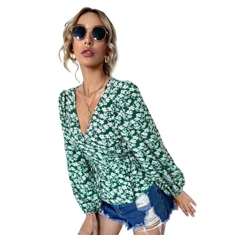 Women Clothing  Shirt Small Floral Lace-up Loose V-neck Lantern Sleeve Long Sleeve - Image 5