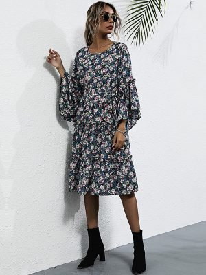 Autumn  round Neck Floral Long Sleeve Pleating Dress for Women