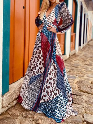 Women Elegant Dress Backless Print Bohemian  Patchwork Macthing