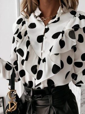 Women Clothing Autumn Winter Polka Dot Printed Ruffled Long Sleeve Shirt