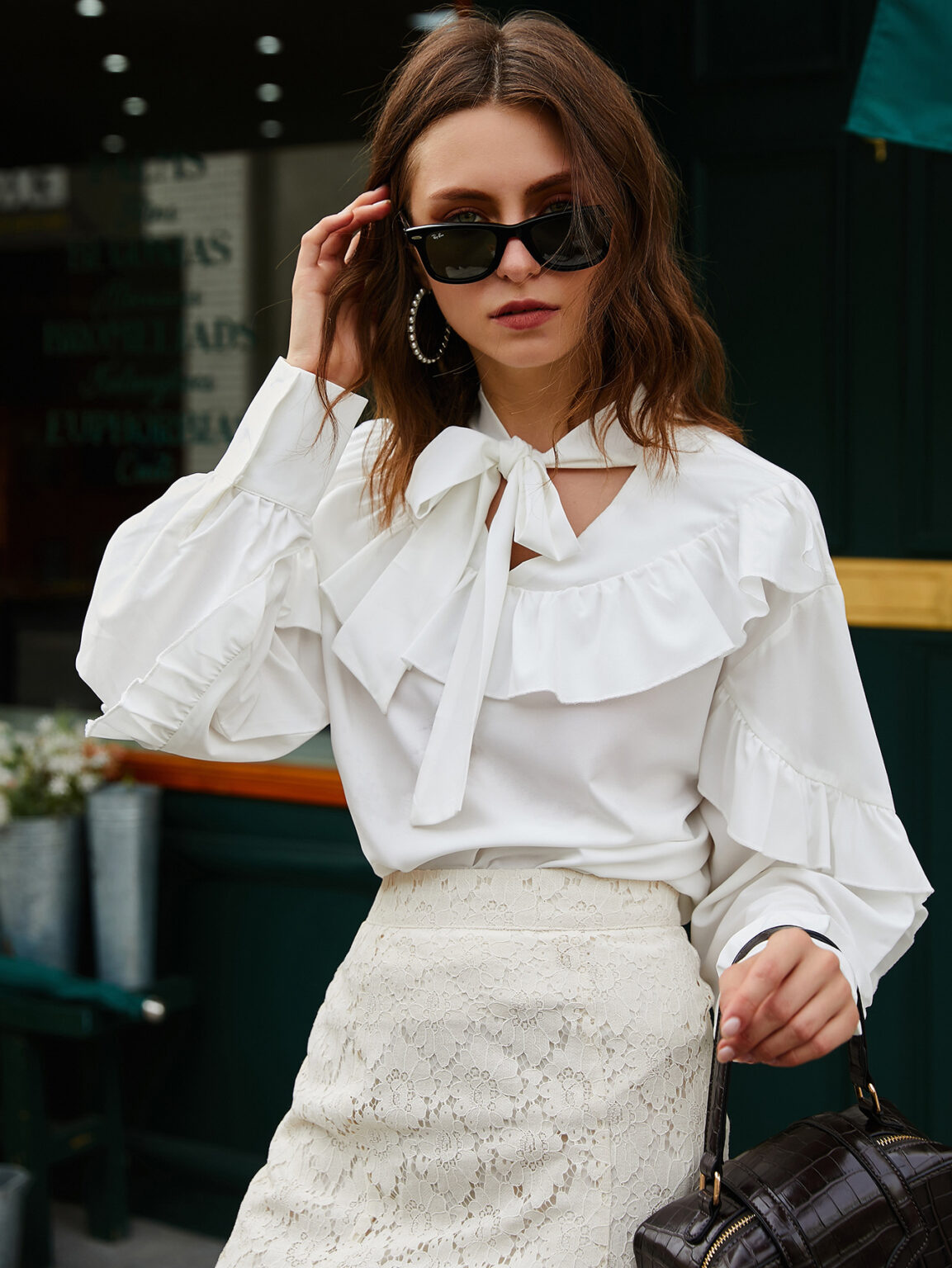 Spring Autumn Women Tie Neckline Ruffled Trim Blouse - Image 2