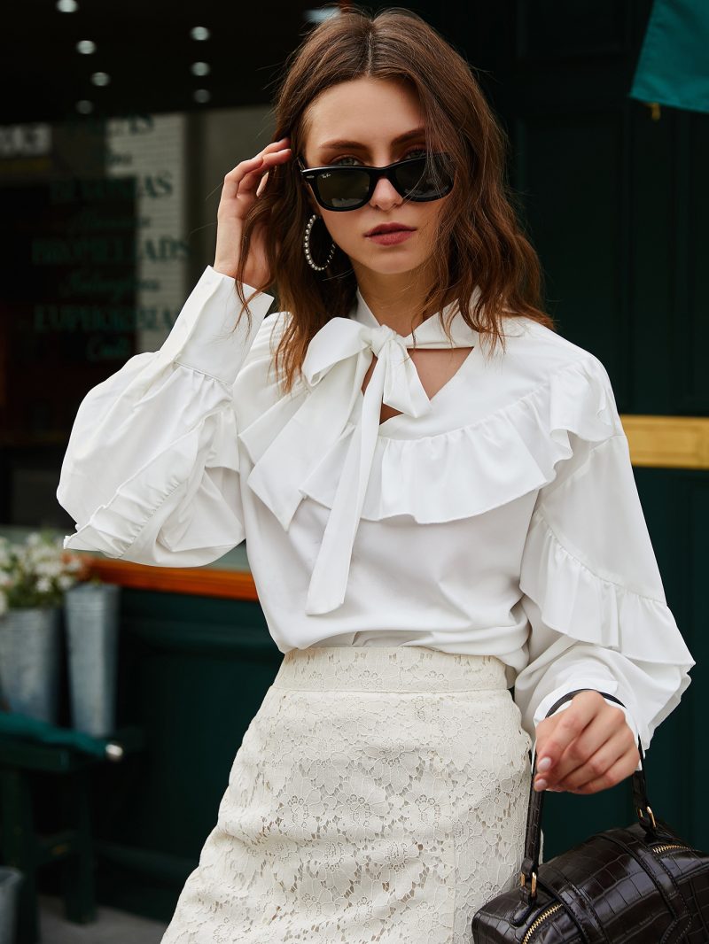 Spring Autumn Women Tie Neckline Ruffled Trim Blouse - Image 2