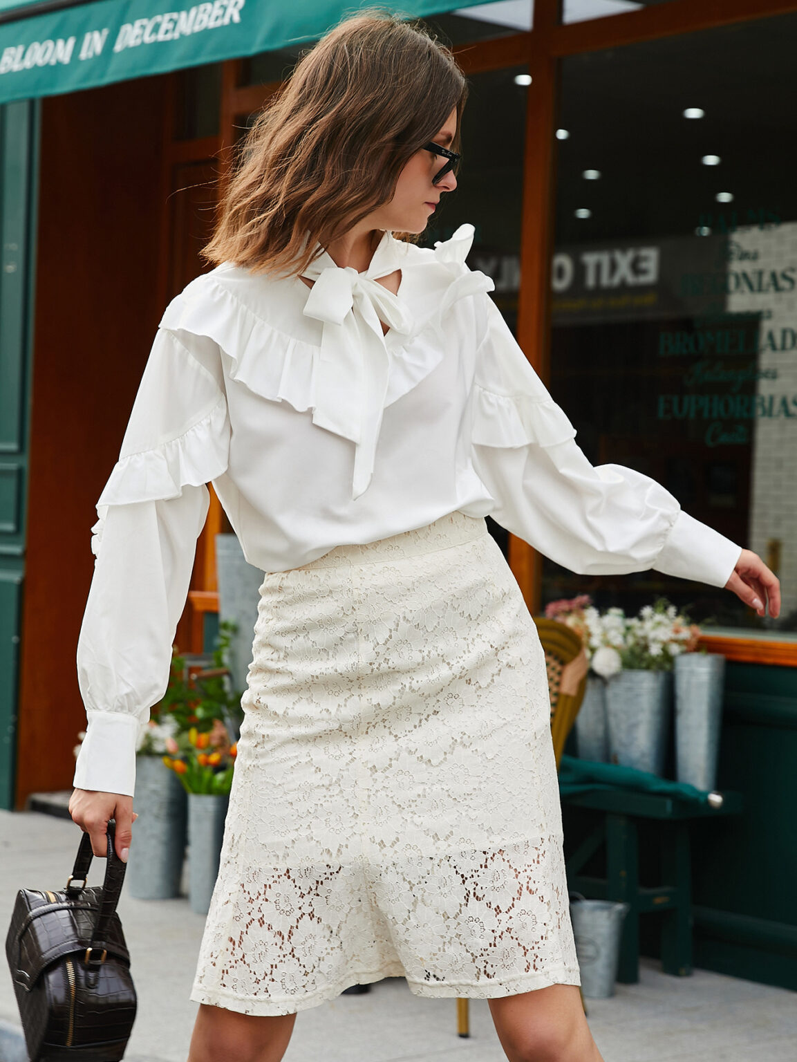 Spring Autumn Women Tie Neckline Ruffled Trim Blouse - Image 4