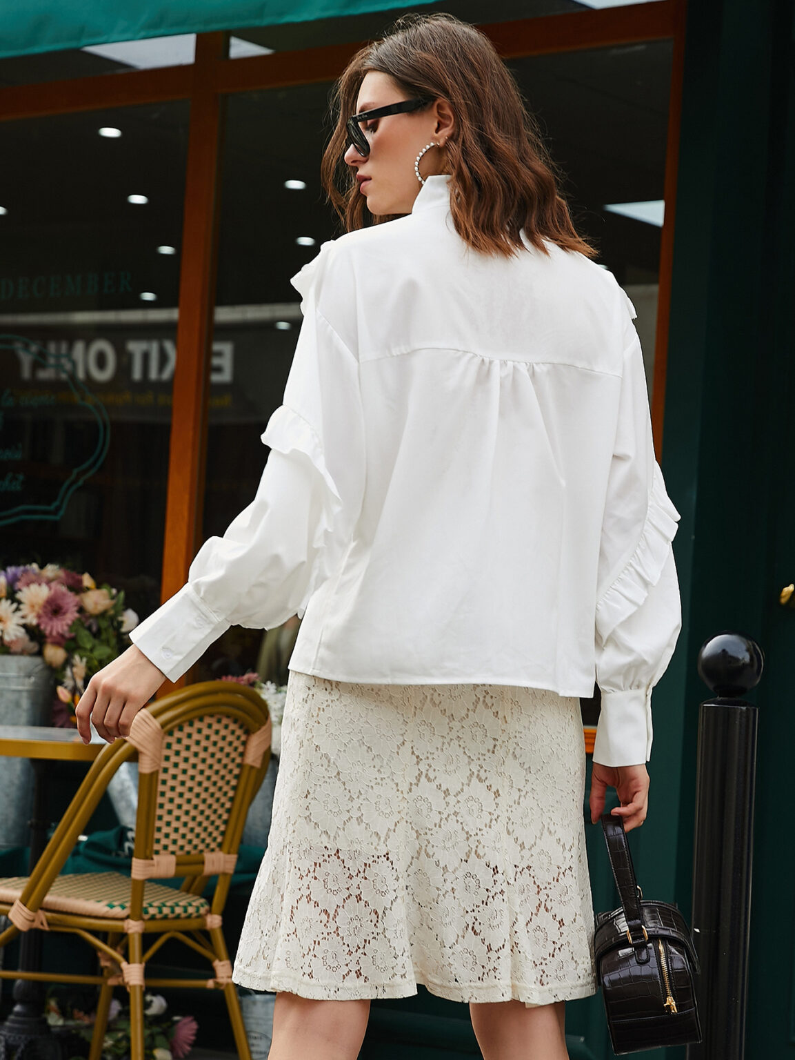 Spring Autumn Women Tie Neckline Ruffled Trim Blouse - Image 5