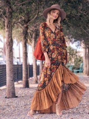 Spring New Dress  Women Long Sleeve Vintage Print Dress Maxi Dress