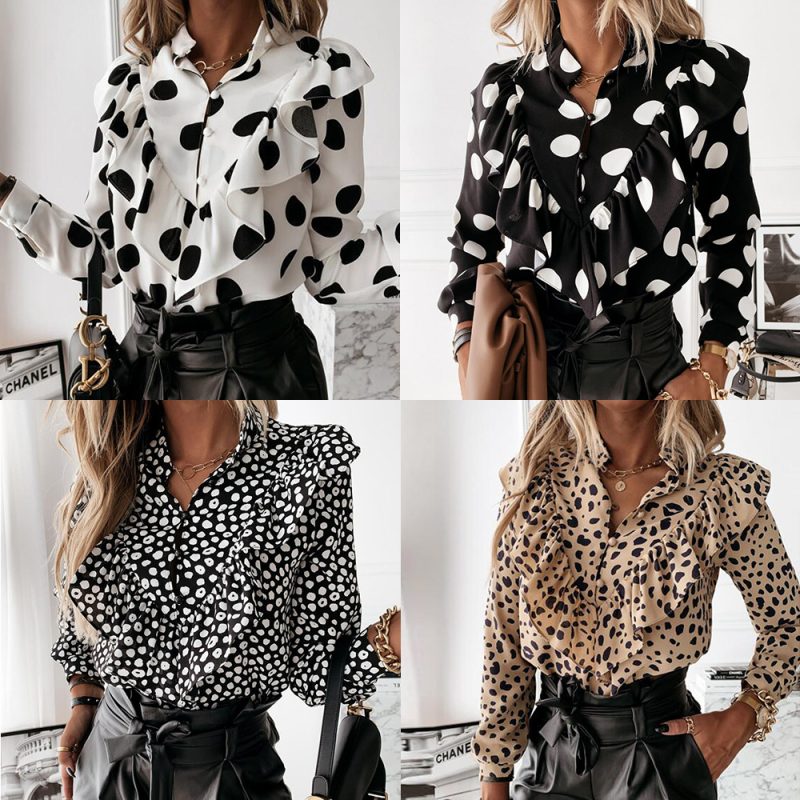Women Clothing Autumn Winter Polka Dot Printed Ruffled Long Sleeve Shirt - Image 4