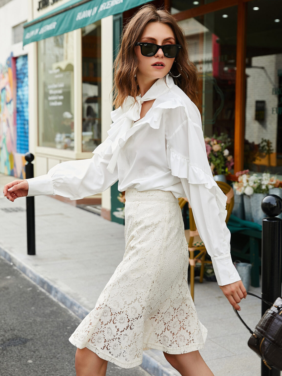 Spring Autumn Women Tie Neckline Ruffled Trim Blouse - Image 3