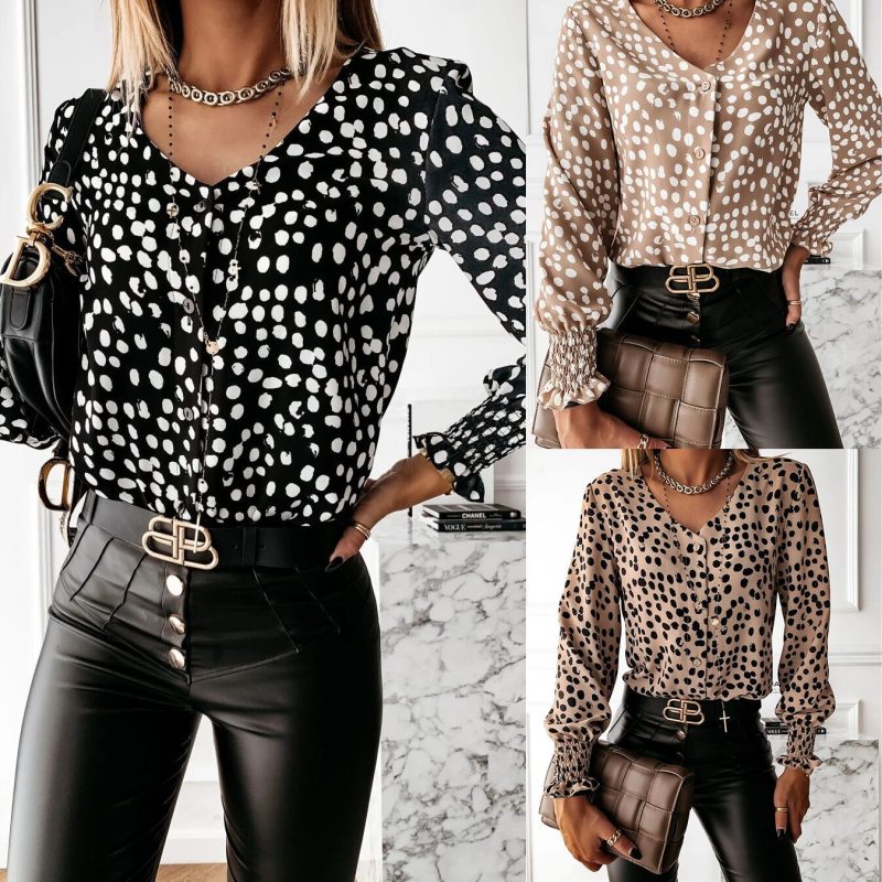 Women  Clothing Polka Dot Printed Long-Sleeved Shirt Shirt - Image 4