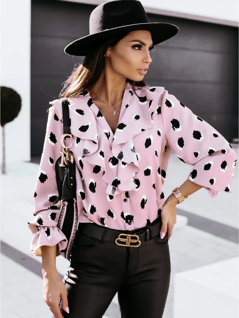 V-neck Flounce Button Long Sleeve Printed Shirt Top For Women - Image 4