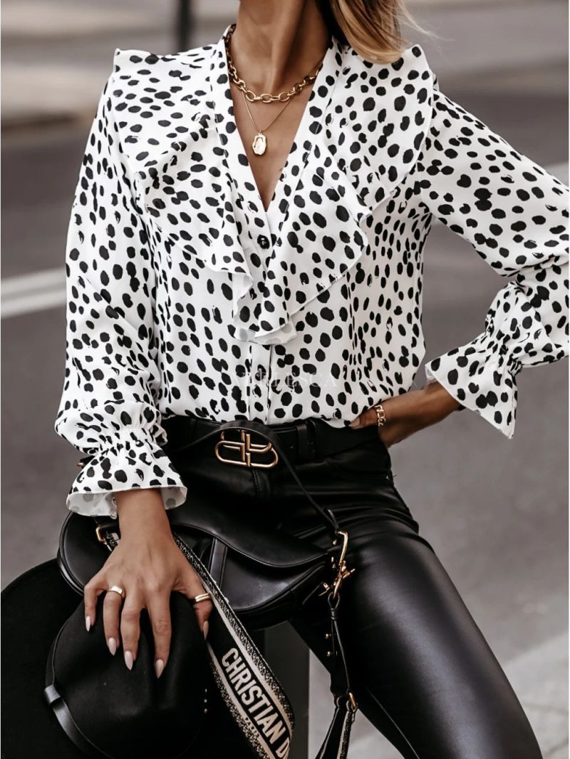 V-neck Flounce Button Long Sleeve Printed Shirt Top For Women - Image 3