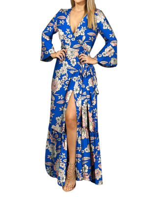 Women Clothing Trendy Autumn Winter Long Sleeve Tied V neck Printed Dress