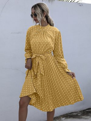 Polka Dot Self Tie Pleated Dress Women Slim Fit Long Sleeve Autumn