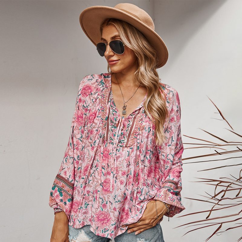 Women Clothing Autumn Lace Romantic Holiday Printed Babydoll Top For Women - Image 2