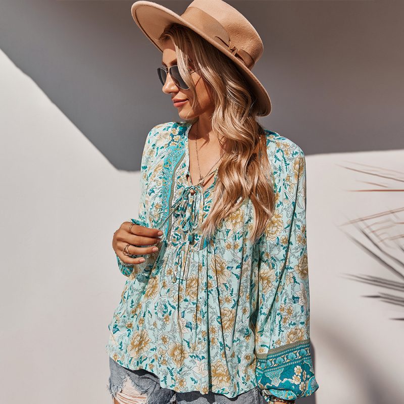 Women Clothing Autumn Lace Romantic Holiday Printed Babydoll Top For Women - Image 3