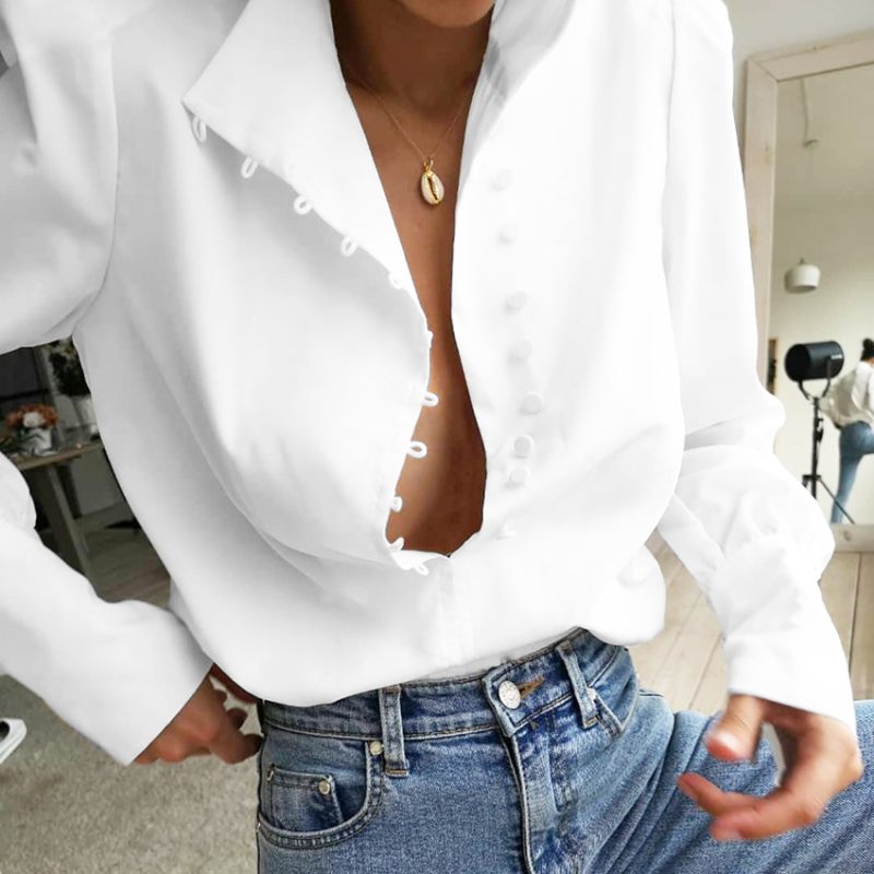 Stand Collar Long Sleeve Shirt Women Autumn Loose White Office Casual Shirt - Image 3