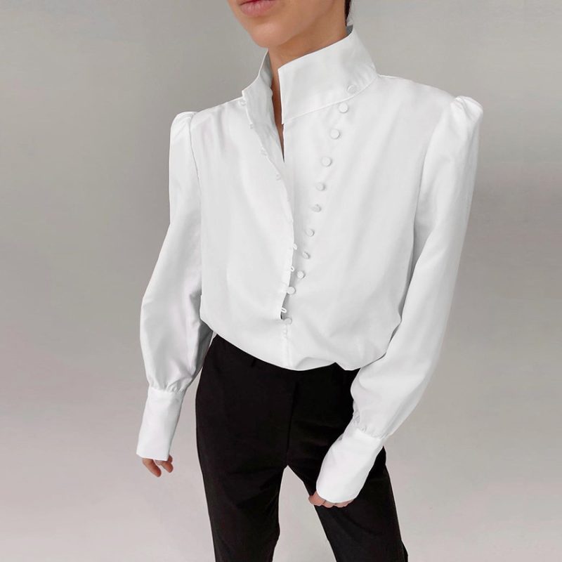 Stand Collar Long Sleeve Shirt Women Autumn Loose White Office Casual Shirt - Image 2