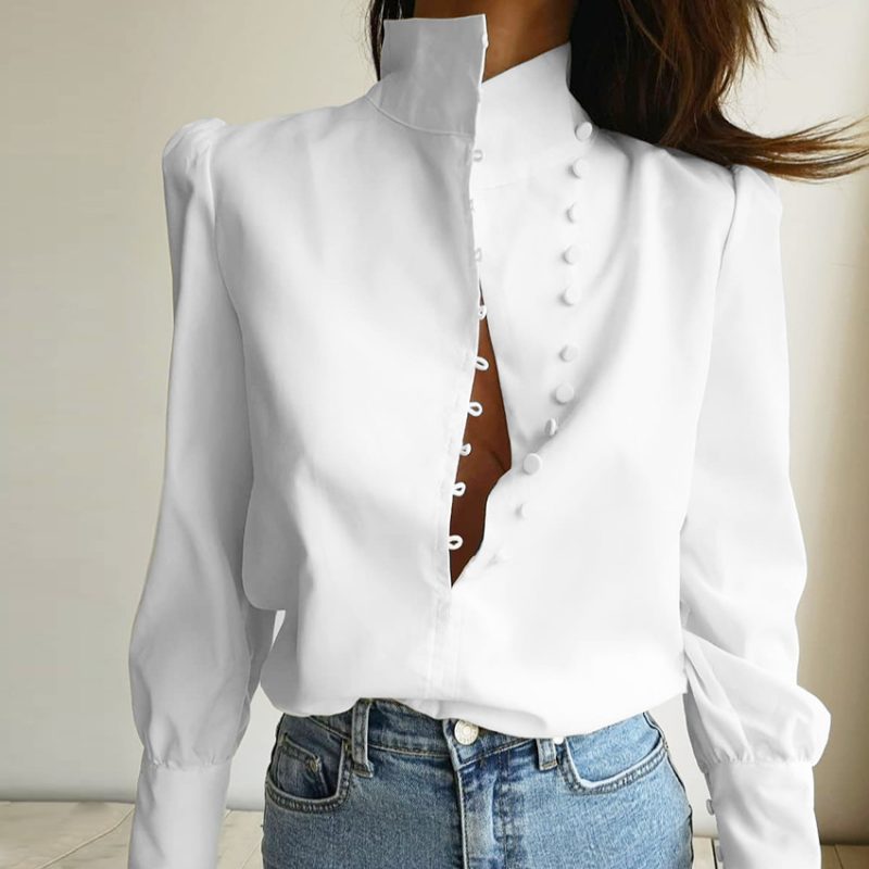 Stand Collar Long Sleeve Shirt Women Autumn Loose White Office Casual Shirt - Image 4