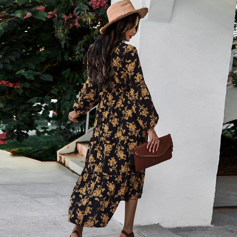 Boho Floral Print Dress Spring Summer Sexy V-neck Office - Image 4