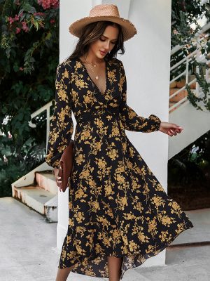 Boho Floral Print Dress Spring Summer Sexy V-neck Office