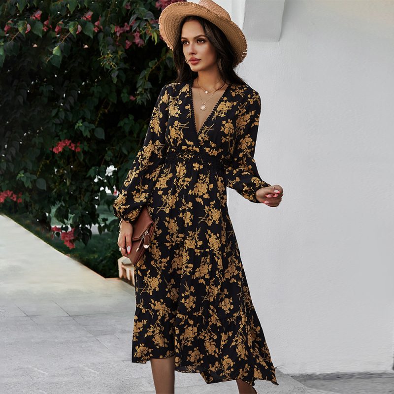 Boho Floral Print Dress Spring Summer Sexy V-neck Office - Image 2