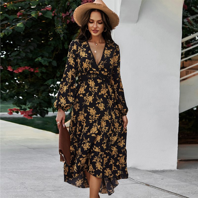 Boho Floral Print Dress Spring Summer Sexy V-neck Office - Image 3