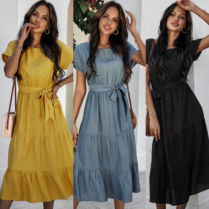 Spring Summer Waist Simple Solid Color Dress For Women - Image 4