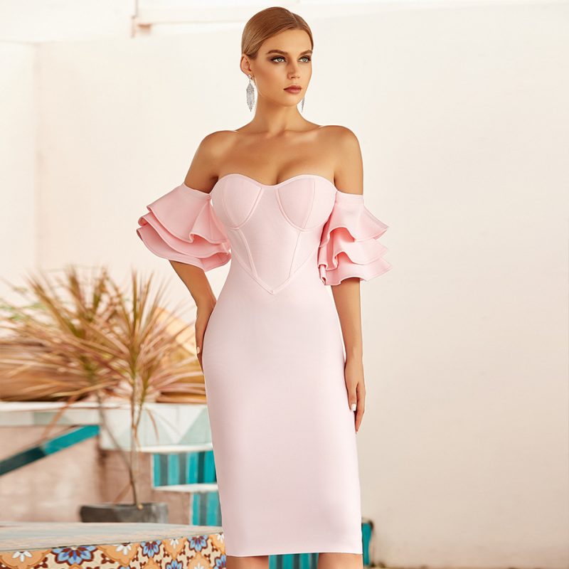 Pink Strapless Tight Bandage Dress Sexy Butterfly Sleeve Vintage Party Dress Host Evening Dress - Image 2