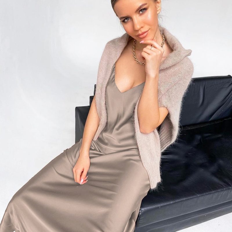 French Strap Dress Spring Women Clothing Dress Satin Drape V-neck Inner Match Base - Image 4