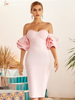 Pink Strapless Tight Bandage Dress Sexy Butterfly Sleeve Vintage Party Dress Host Evening Dress