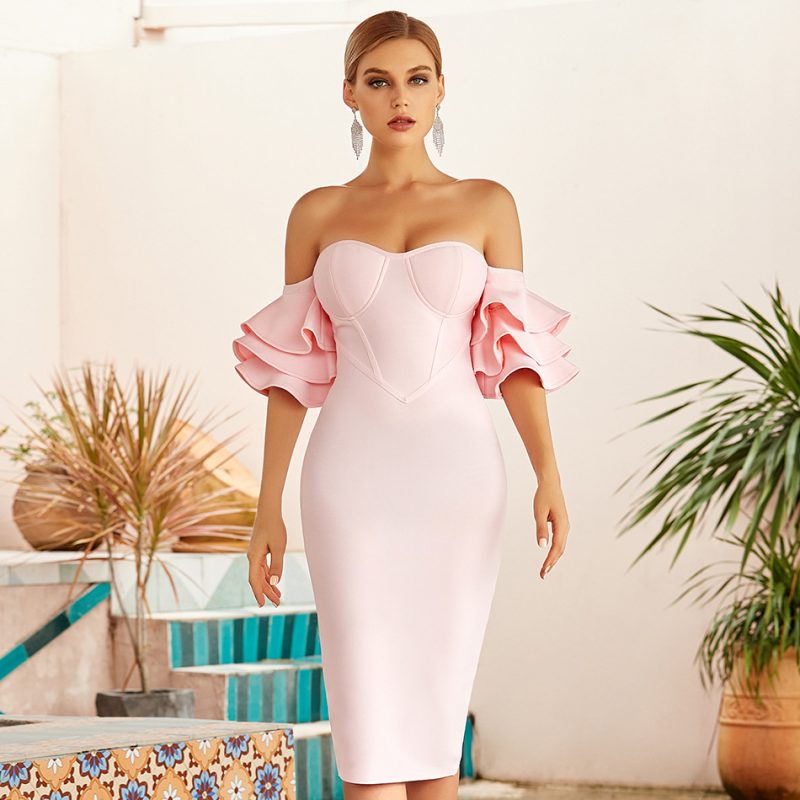 Pink Strapless Tight Bandage Dress Sexy Butterfly Sleeve Vintage Party Dress Host Evening Dress