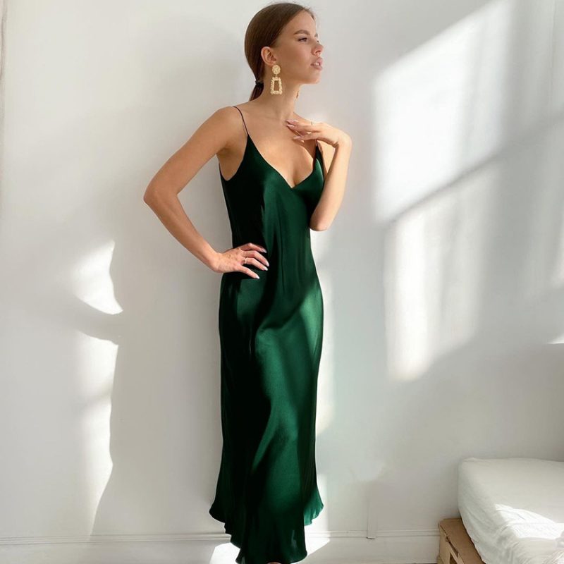 French Strap Dress Spring Women Clothing Dress Satin Drape V-neck Inner Match Base