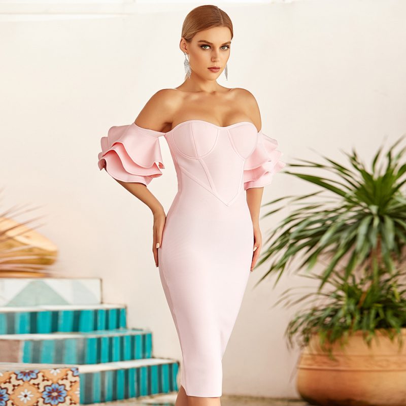 Pink Strapless Tight Bandage Dress Sexy Butterfly Sleeve Vintage Party Dress Host Evening Dress - Image 4
