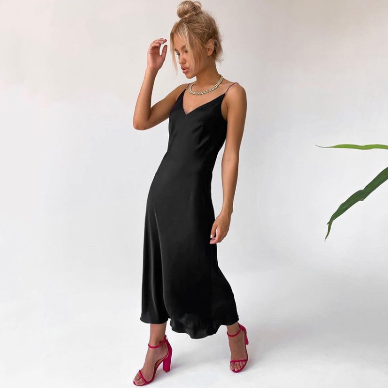French Strap Dress Spring Women Clothing Dress Satin Drape V-neck Inner Match Base - Image 3
