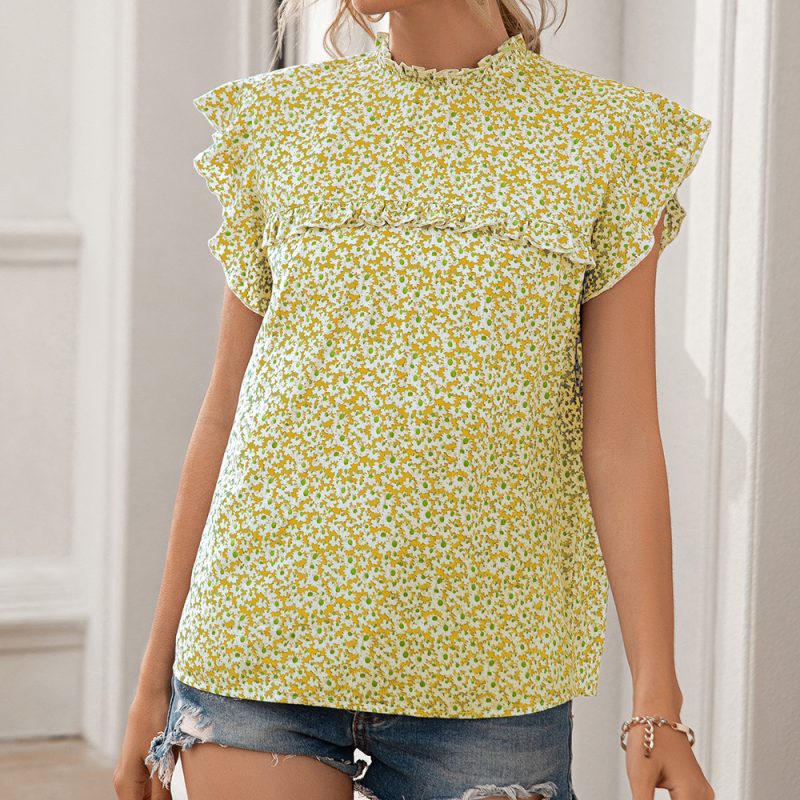 Spring Summer Loose Little Daisy Floral Wooden Ear Flying Sleeves Casual Short Sleeved - Image 3