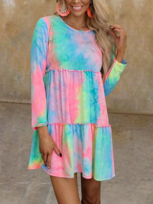 Spring Summer Tie Dyed Printed Long Sleeved Stitching Babydoll Dress