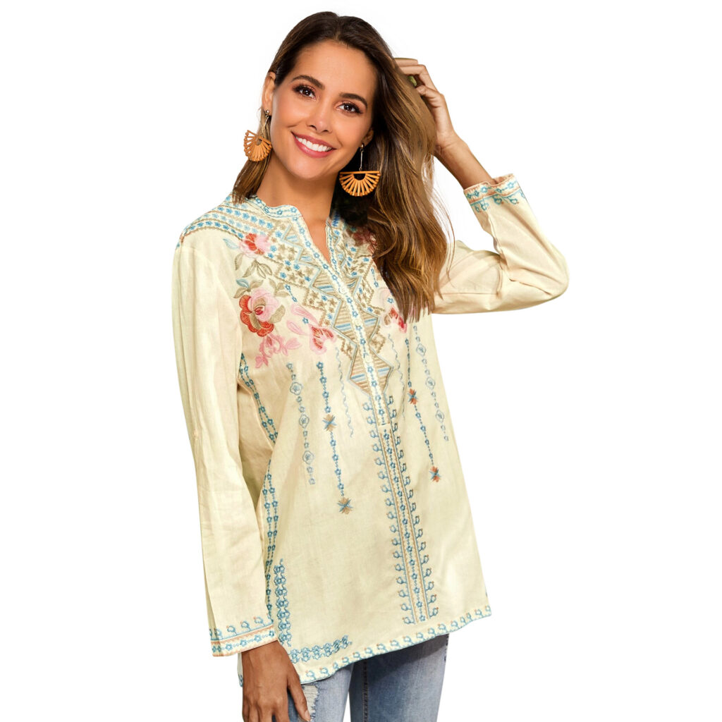 Spring Women Long-Sleeved Shirt Embroidered  Overseas Mid-Length Stand Collar Shirt - Image 5