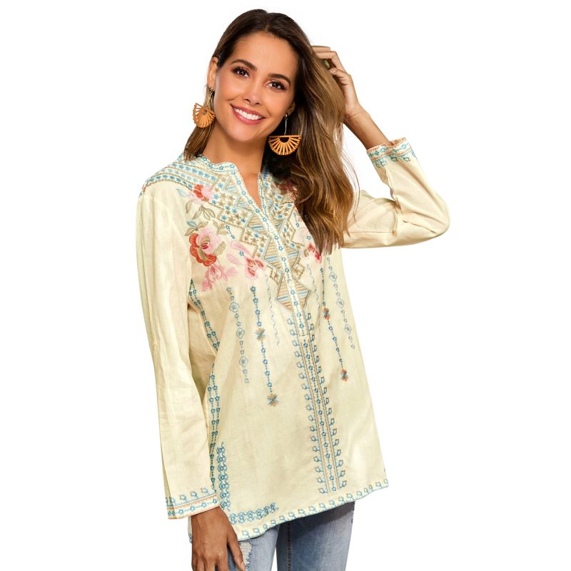 Spring Women Long-Sleeved Shirt Embroidered  Overseas Mid-Length Stand Collar Shirt - Image 5